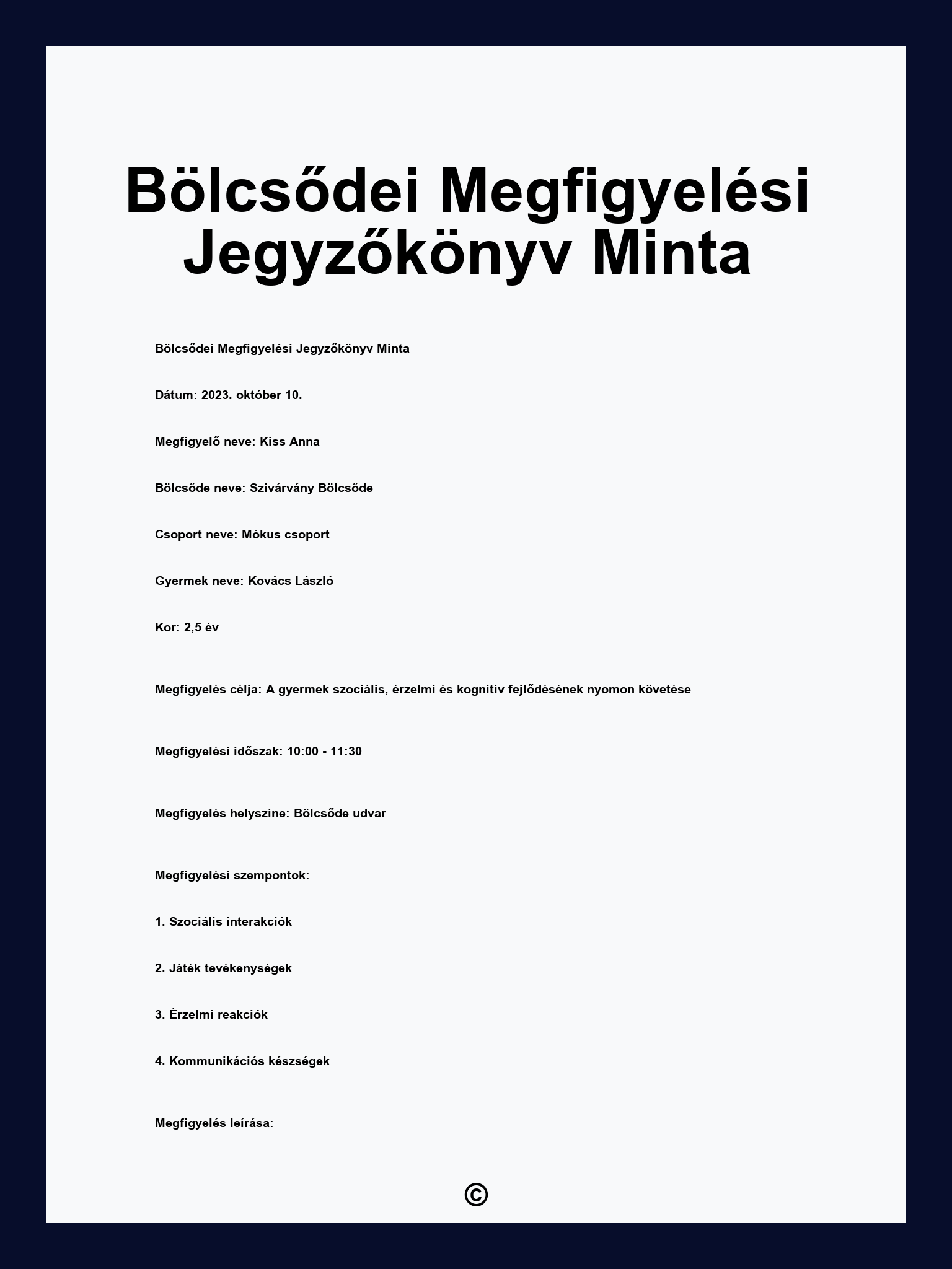 Bölcsődei Megfigyelési Jegyzőkönyv Minta
