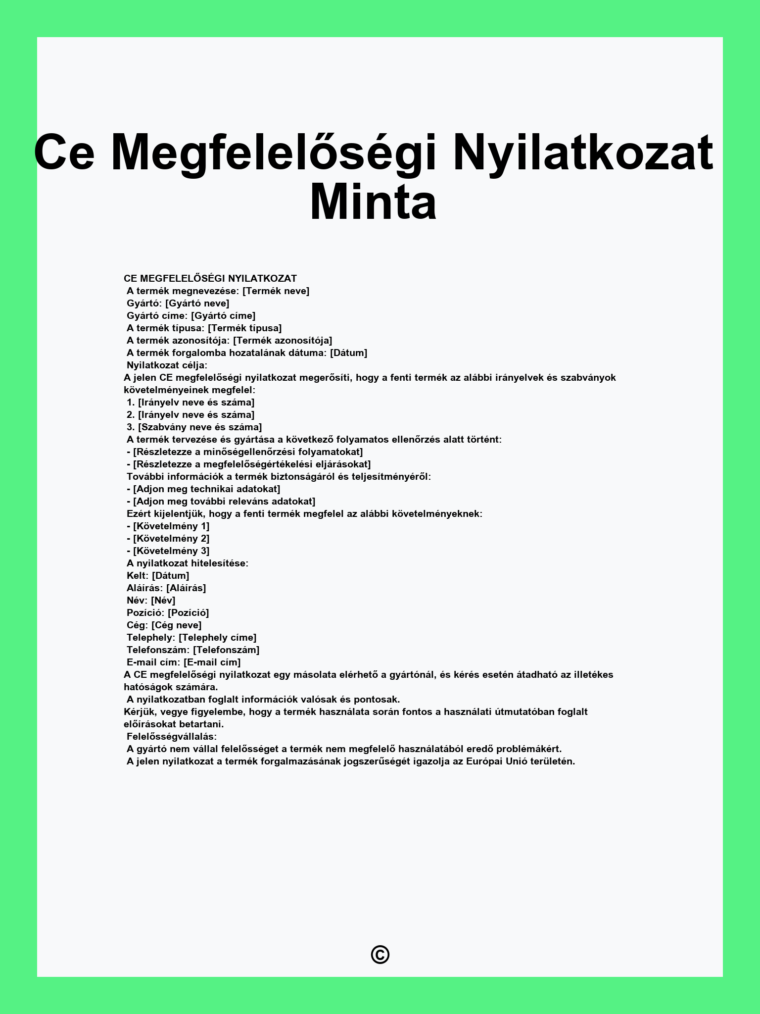 Ce Megfelelőségi Nyilatkozat Minta