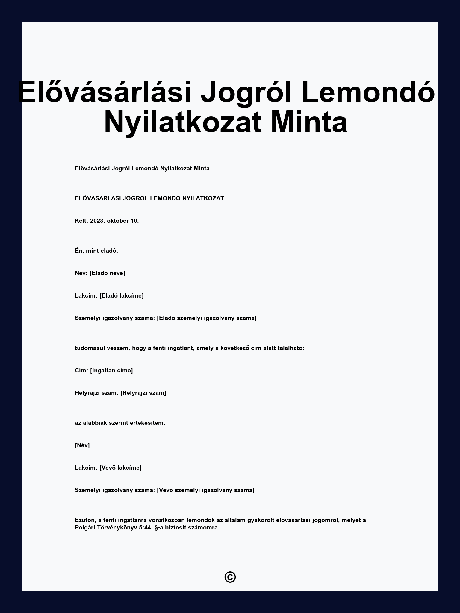 Elővásárlási Jogról Lemondó Nyilatkozat Minta