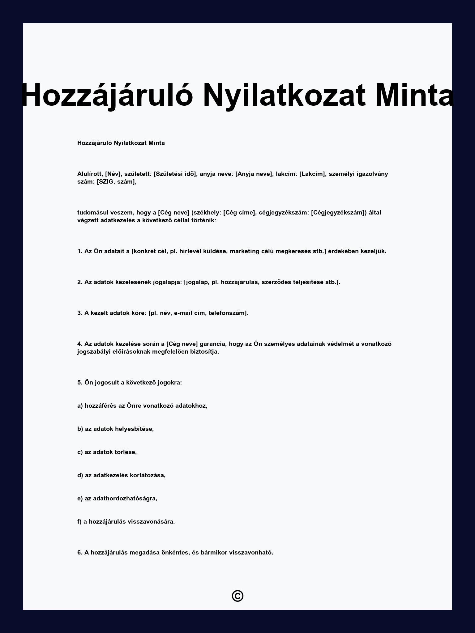 Hozzájáruló Nyilatkozat Minta
