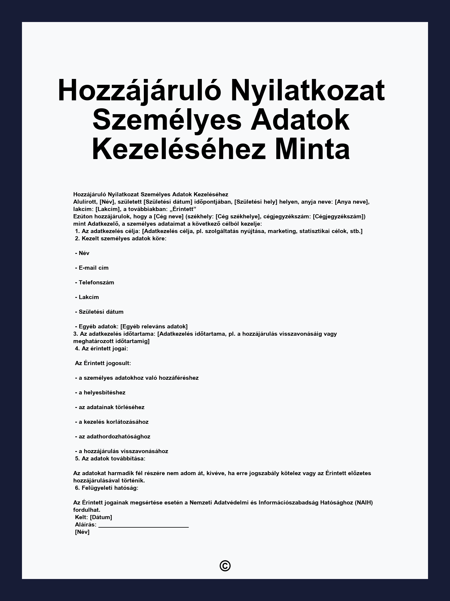 Hozzájáruló Nyilatkozat Személyes Adatok Kezeléséhez Minta