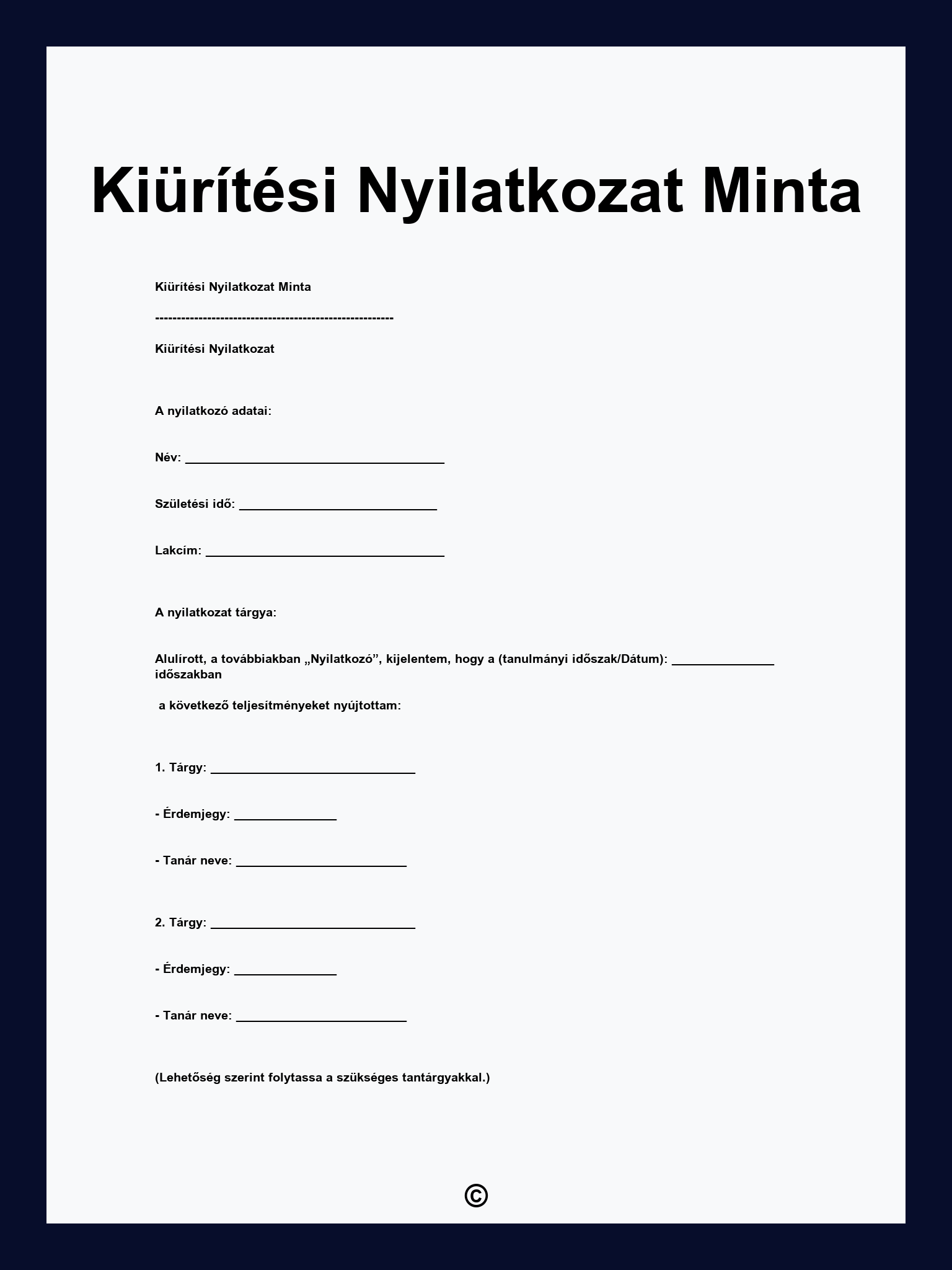 Kiürítési Nyilatkozat Minta