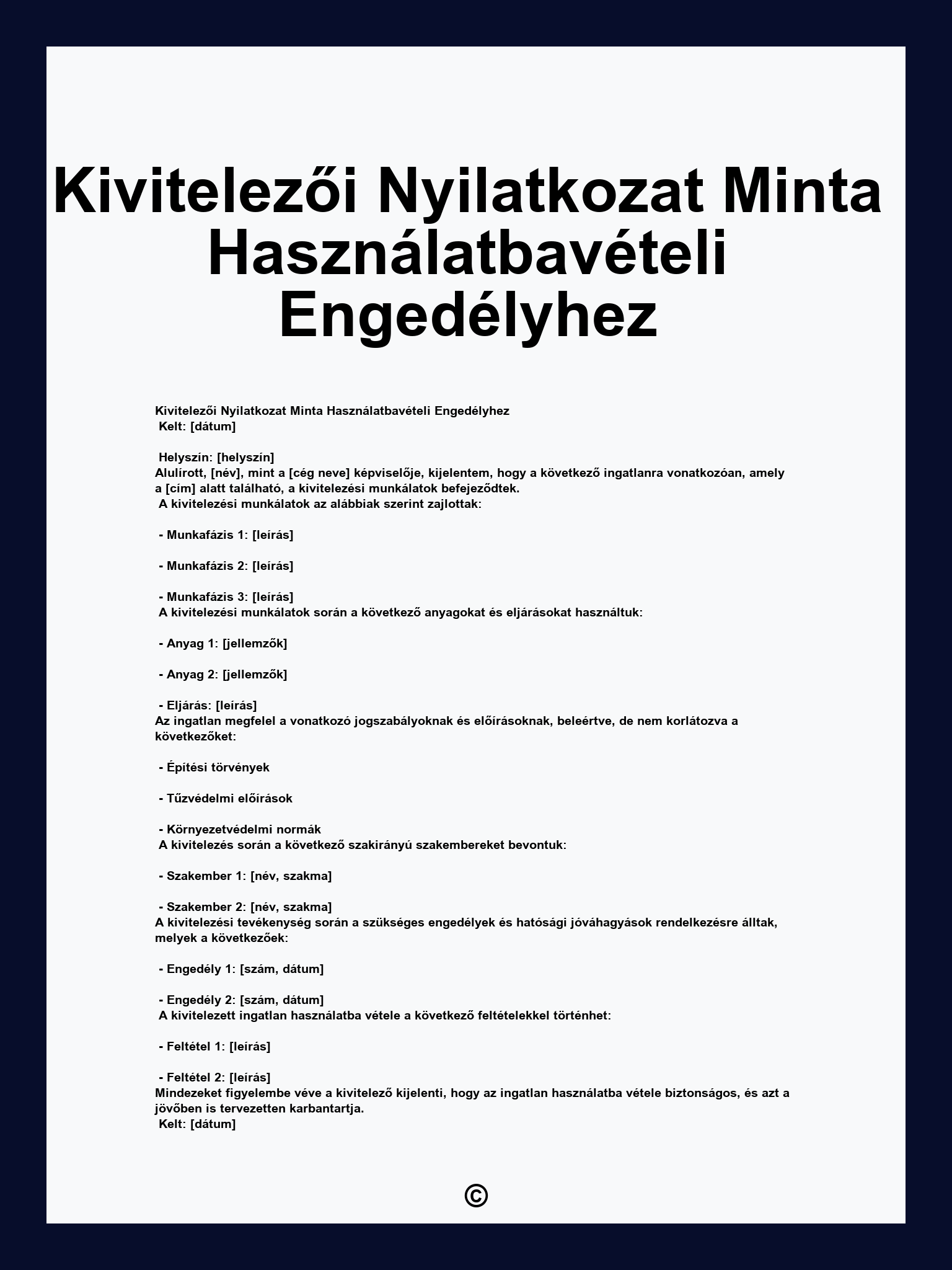 Kivitelezői Nyilatkozat Minta Használatbavételi Engedélyhez