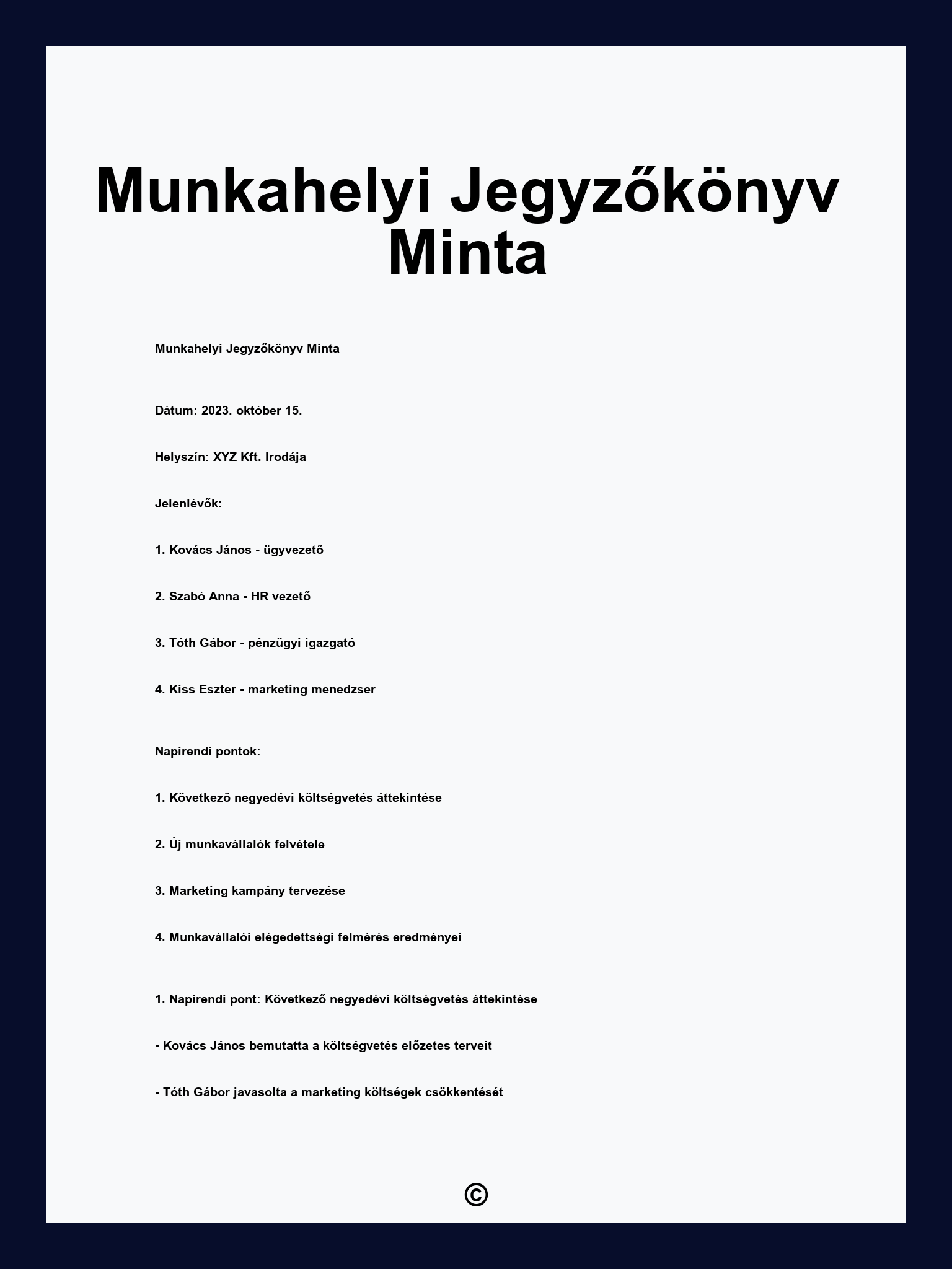 Munkahelyi Jegyzőkönyv Minta