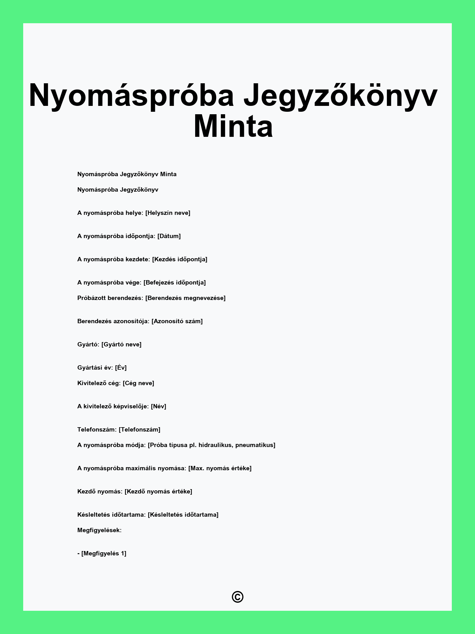 Nyomáspróba Jegyzőkönyv Minta