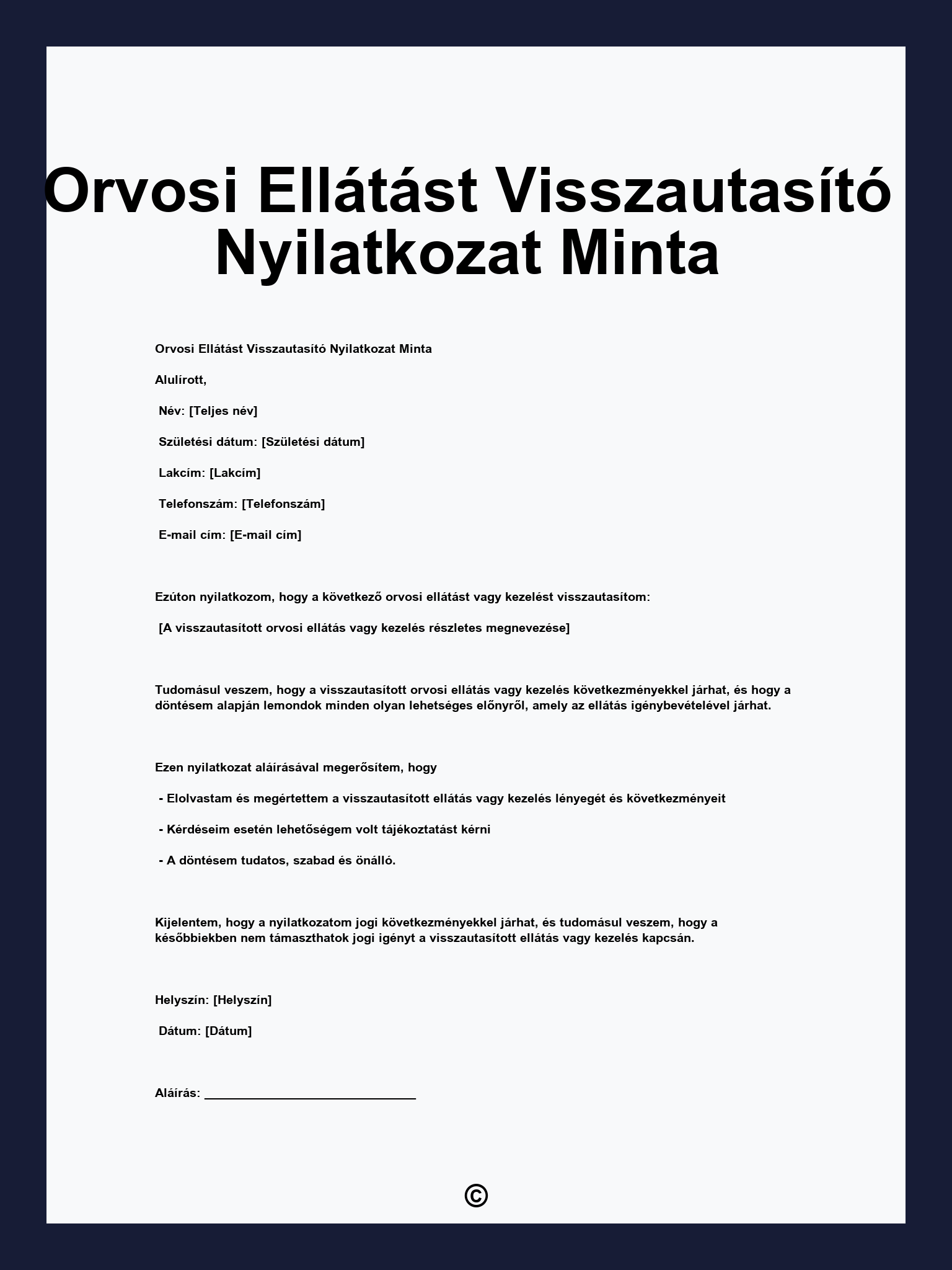 Orvosi Ellátást Visszautasító Nyilatkozat Minta