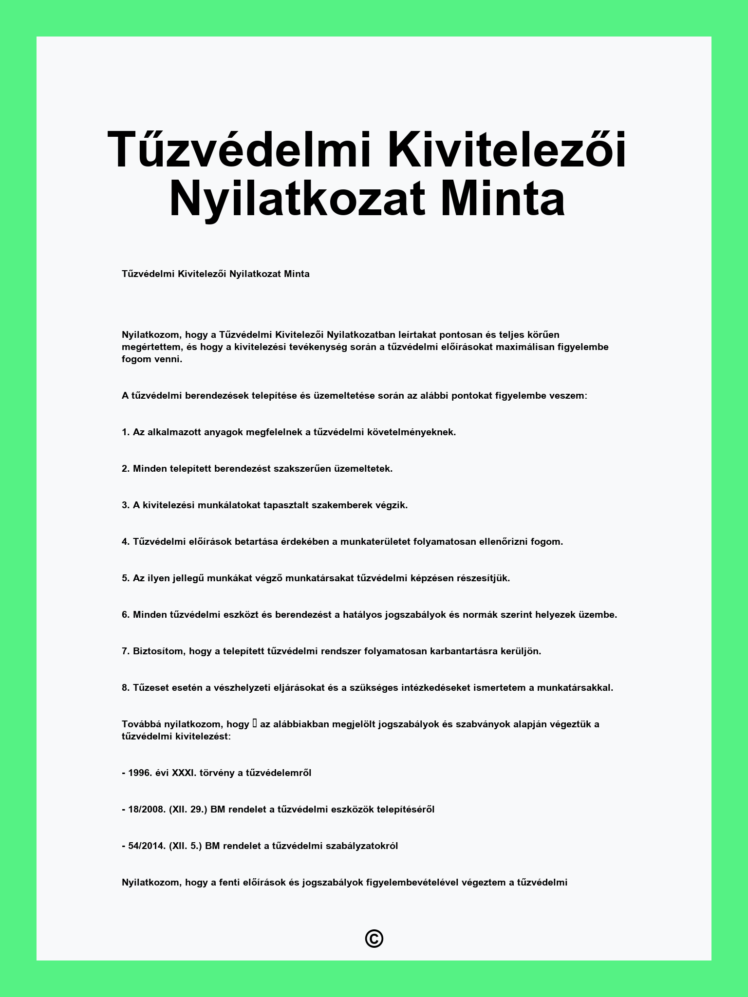 Tűzvédelmi Kivitelezői Nyilatkozat Minta