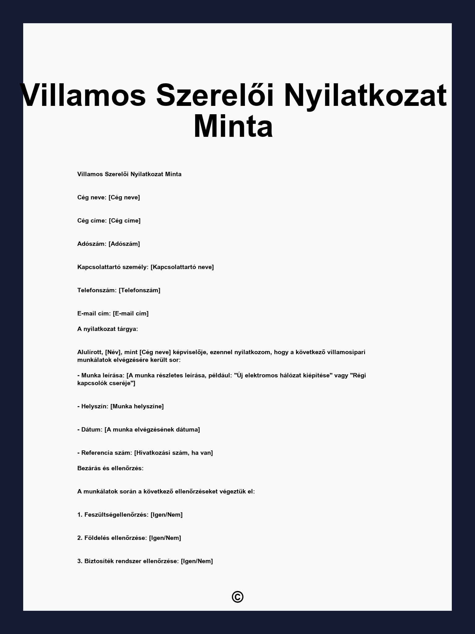 Villamos Szerelői Nyilatkozat Minta